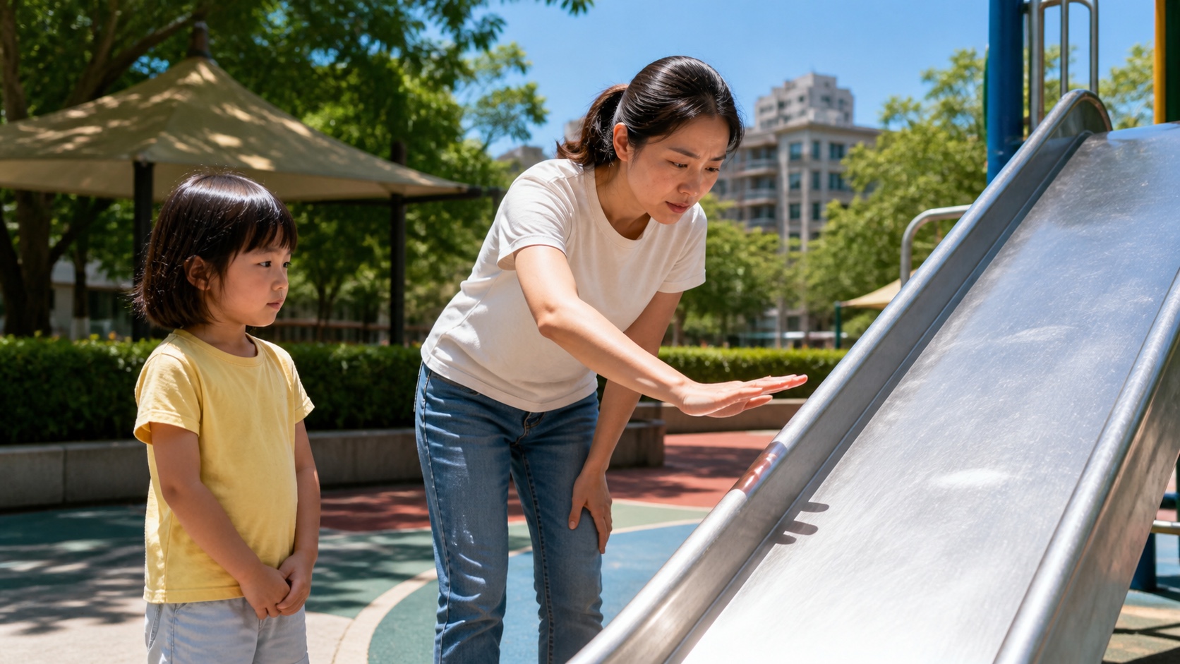 成人讓孩子先在旁邊等待，自己隔空確認公園溜滑梯是否受日曬發熱的情境示意