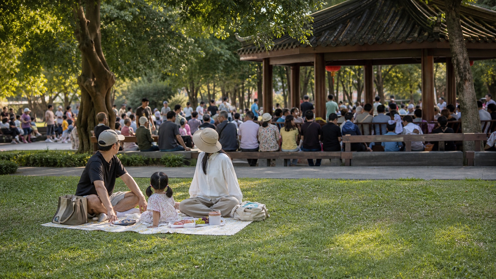 公園涼亭與長椅客滿時，一家人在旁邊樹蔭草地鋪墊休息的情境示意