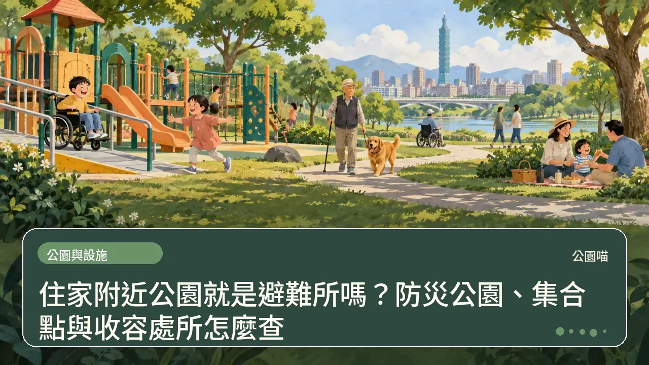 住家附近公園就是避難所嗎?防災公園、集合點與收容處所怎麼查主題插畫