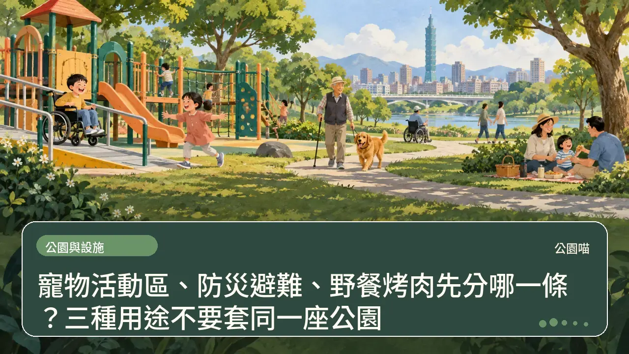寵物活動區、防災避難、野餐烤肉先分哪一條?三種用途不要套同一座公園主題插畫