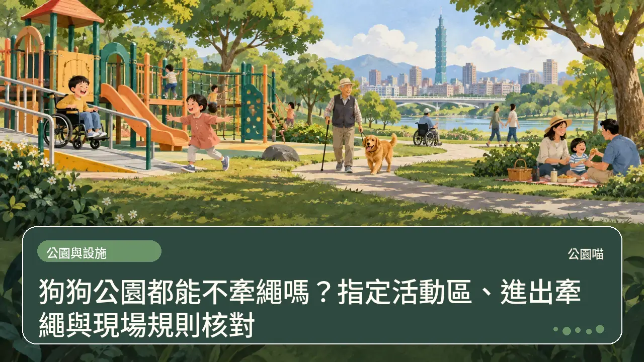 狗狗公園都能不牽繩嗎？指定活動區、進出牽繩與現場規則核對主題插畫