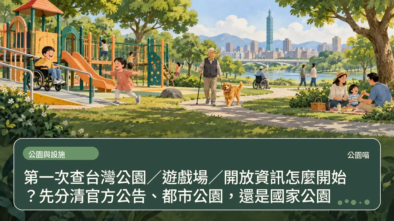 第一次查台灣公園／遊戲場／開放資訊怎麼開始？先分清官方公告、都市公園，還是國家公園主題插畫