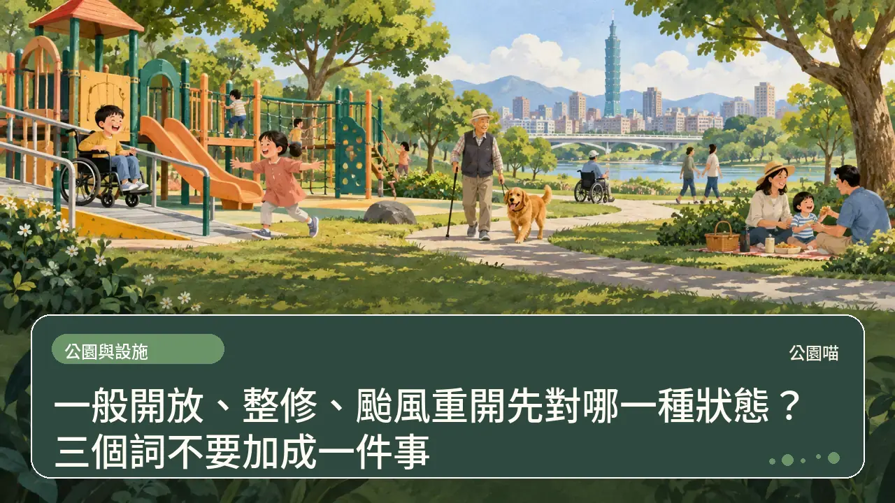 一般開放、整修、颱風重開先對哪一種狀態？三個詞不要加成一件事主題插畫