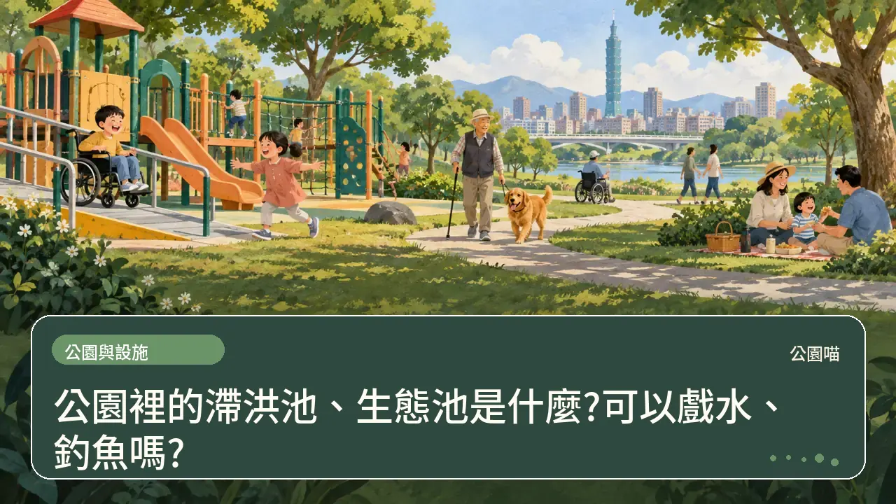公園裡的滯洪池、生態池是什麼?可以戲水、釣魚嗎?主題插畫