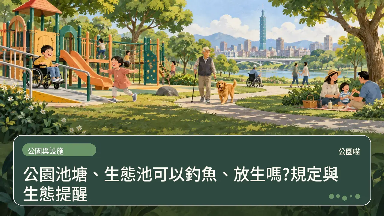 公園池塘、生態池可以釣魚、放生嗎?規定與生態提醒主題插畫