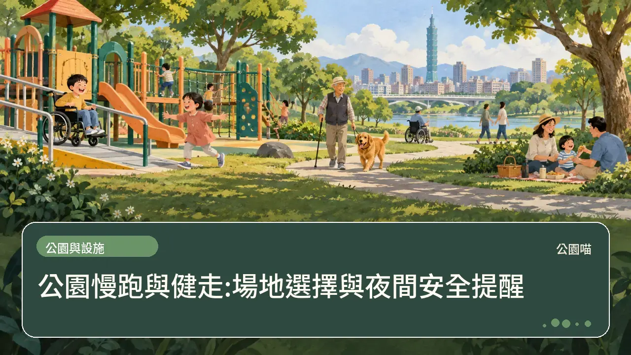公園慢跑與健走:場地選擇與夜間安全提醒主題插畫