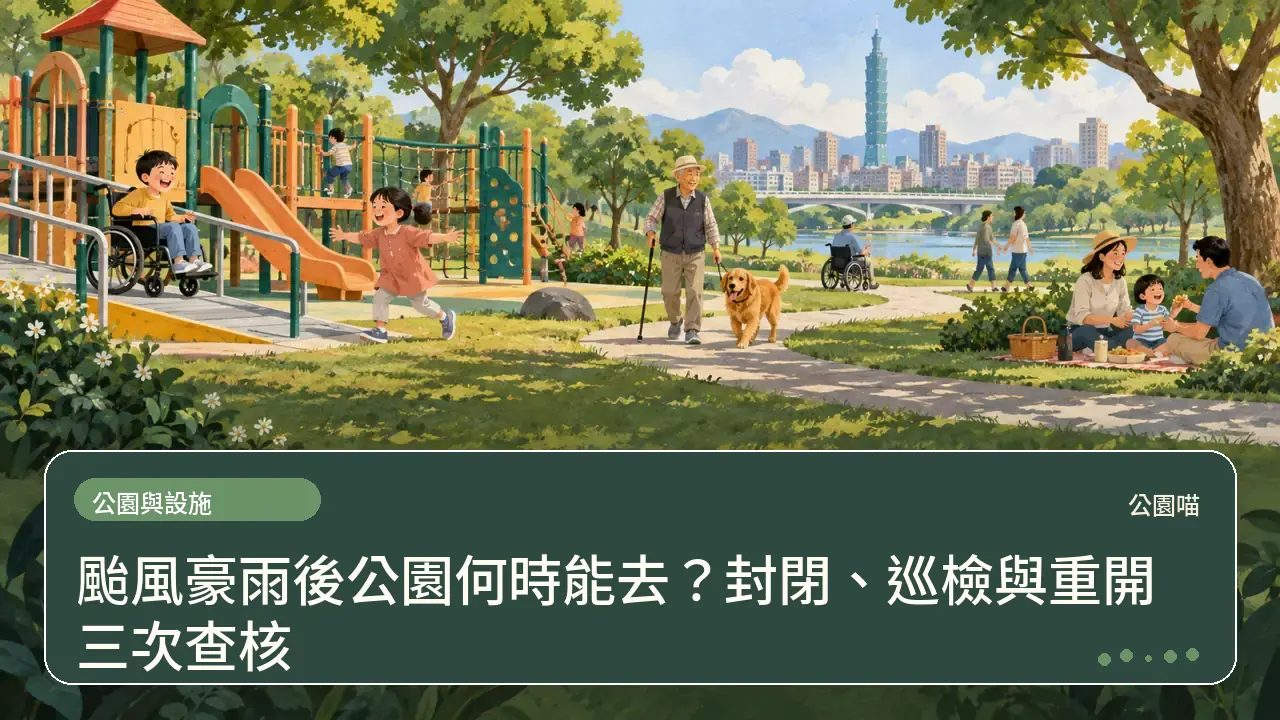 颱風豪雨後公園何時能去?封閉、巡檢與重開三次查核主題插畫